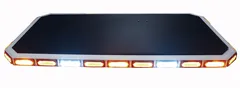 Front of the low-profile lightbar on its own, amber and white modules lit along the clear lens
