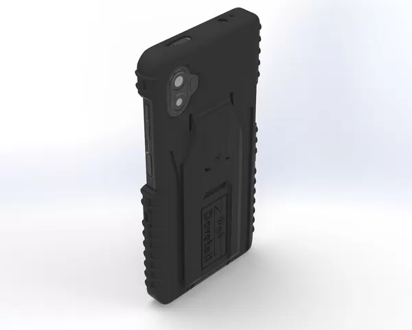 Rear three-quarter of the case fitted to the phone, dual camera cut-out and side buttons clear