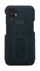 Assembled case on the phone from behind, red camera lens rings beside the molded cleat