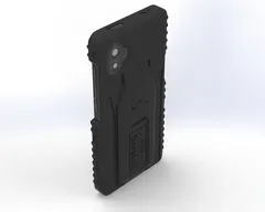 Rear three-quarter of the case fitted to the phone, dual camera cut-out and side buttons clear