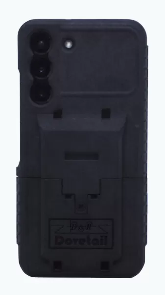 Assembled case photographed from the back, camera cut-outs and D&R Dovetail logo on the plate