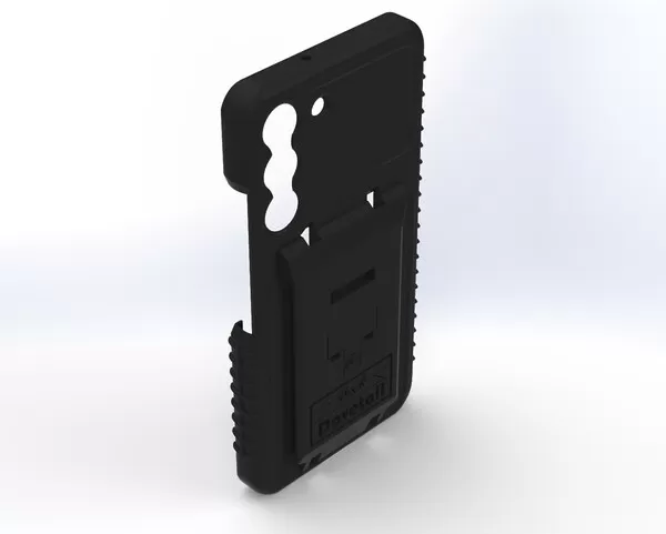 Angled rear view of the black two-piece case showing the raised dock plate and side grip ribs