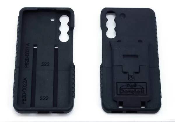 Both halves side by side: inside marked P820-0021A and P820-0022A, outside carries the logo