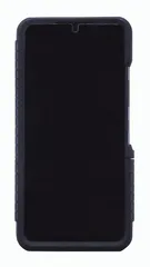 Front of the finished case photographed flat, black screen surround and textured side edges