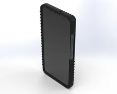 Front three-quarter view of the cased phone, dark screen and side buttons inside the raised bezel