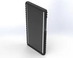 Front three-quarter view of the cased phone, screen framed by the ribbed protective edge