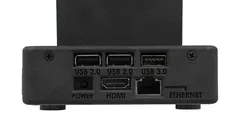 Close-up of the connector bank: two USB 2.0 ports, one USB 3.0, power, HDMI and Ethernet sockets
