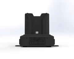 D&R Dovetail desktop docking station, front view of the empty phone cradle above the embossed logo base