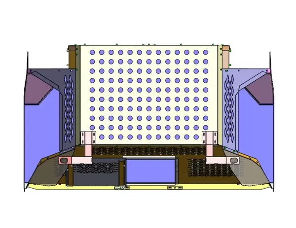 Rear elevation with the round-perforated back panel, exhaust mounts and a rectangular lower window