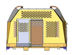 Front elevation showing a front slide door beside honeycomb cut-outs for increased airflow