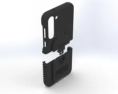 Exploded view with the top case shell floating above the lower half that carries the dock plate