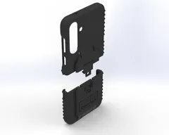 Exploded render, upper shell separated above the lower half carrying the dock plate