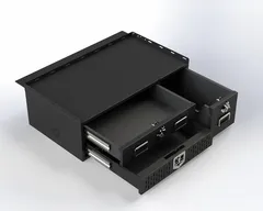 Upper and side drawers pulled open on the storage cabinet, showing empty trays on heavy-duty slides