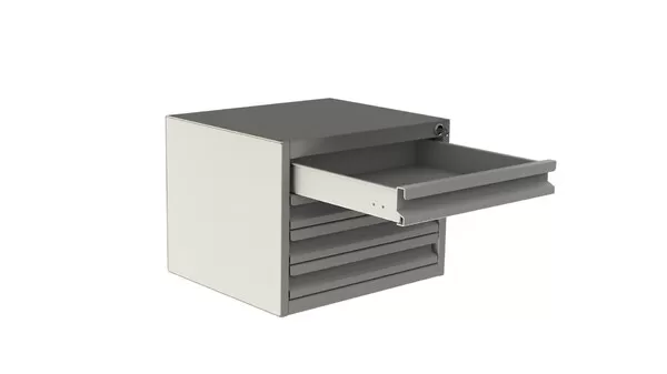 Top drawer extended on the four-drawer cabinet, showing a shallow empty tray running on light-duty slides