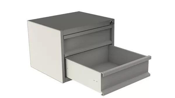Lower drawer pulled open on the two-drawer cabinet, showing the empty tray and full-width pull lip