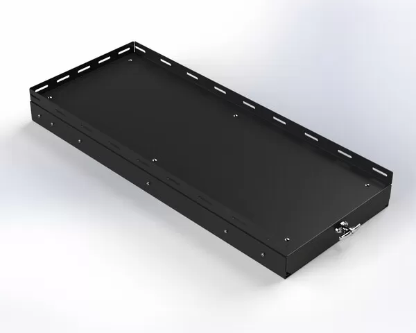 D&R 934-1008A universal slide-out storage tray in black aluminum with T-handle and slotted mounting rails